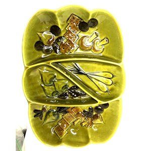 Vintage Ceramic Green Divided Serving Dish Tray relish tray, dip and crackers